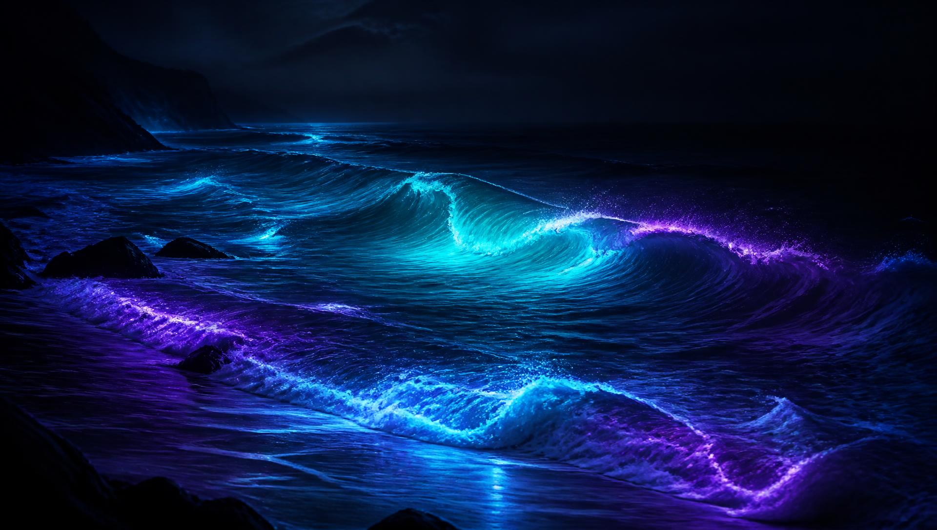 Ondas luminosas turquesa e violeta numa costa nocturna